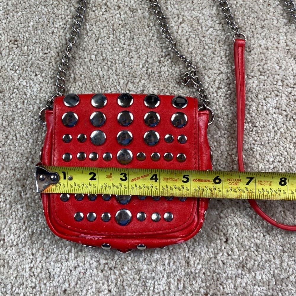 Red Studded Mini Crossbody Bag Silver Hardware Chain Strap Edgy Festival Style - Picture 3 of 8